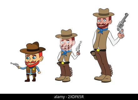 Personaggio da Cowboy Men Tall to Small Holding Gun Cartoon Illustrazione Vettoriale