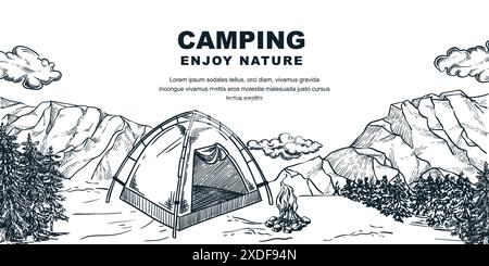 Campeggio in tenda nella pineta. Modello di design per banner orizzontale per campi estivi all'aperto. Illustrazione di schizzi disegnati a mano da un vettore di avventure in montagna Illustrazione Vettoriale