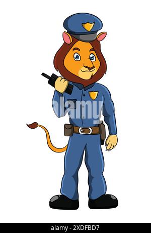 Lion Policemen: Il re della giungla carino personaggio dei cartoni animati – divertente e amichevole mascotte delle forze dell'ordine Illustrazione Vettoriale