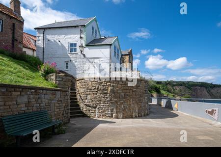 Vista di Robin Hood's Bay, un grazioso villaggio di pescatori nel North Yorkshire, Inghilterra, Regno Unito, con le pareti a mosaico Foto Stock