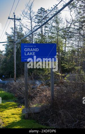 Benvenuto al cartello Grand Lake sulla NS 2 in nuova Scozia, Canada Foto Stock