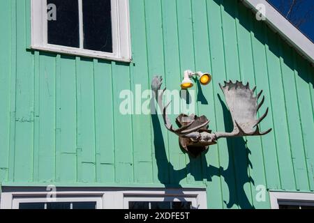 Corna di alce in un edificio del villaggio di molo a Magnetic Hill a Moncton, New Brunswick, Canada Foto Stock