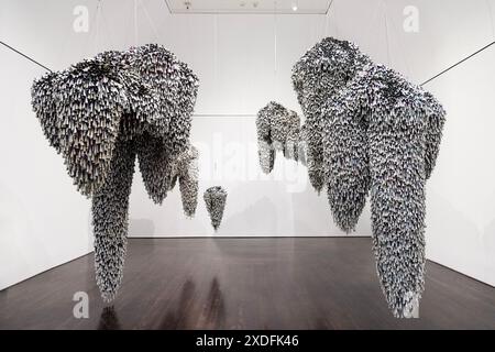 "Sky Dances Light" (2023) installazione di Marie Watt, Blanton Museum of Art, Austin, Texas, USA Foto Stock