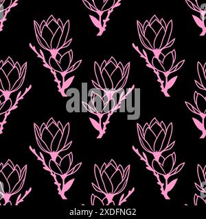 motivo simmetrico senza cuciture di fiori magnolia rosa su sfondo nero, texture e design Foto Stock