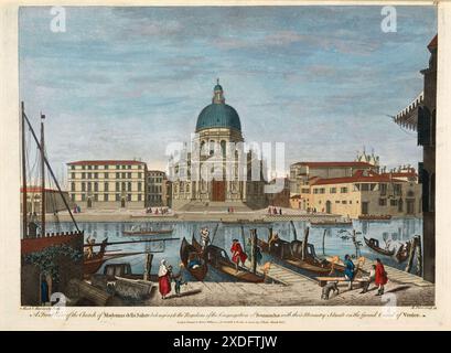 Un'incisione colorata a stampa di vista generale della Chiesa della Madonna della salute e del Canal grande Venezia Italia Editore Remi Parr skyline del XVIII secolo e paesaggio urbano prospettiva storica che incide acquerello Foto Stock