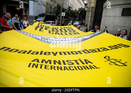 Madrid, Spagna. 22 giugno 2024. Concentrazione di fronte al Congresso dei deputati per continuare a chiedere la fine definitiva della legge Gag o legge organica per la protezione della sicurezza dei cittadini e si riferisce a una legge in cui alcune libertà, come espressione, informazione o dimostrazione, sono considerate “illegali”. Crediti: D. Canales Carvajal/Alamy Live News Foto Stock