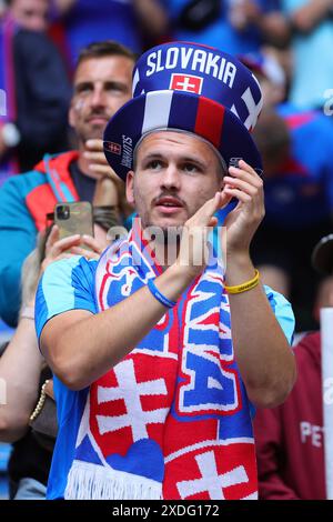 Tifoso della Slovacchia prima della partita di calcio della fase e a gironi di Euro 2024 tra Slovacchia e Ucraina allo stadio Dusseldorf Arena di Dusseldorf (Germania), 21 giugno 2024. Foto Stock