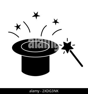 Silhouette nera di cappello mago o e bacchetta magica, icona glifo immagine vettoriale piatta Illustrazione Vettoriale