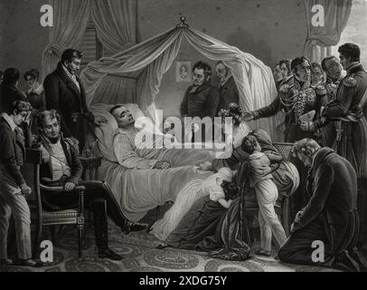 Questa stampa intaglio di J.P.M. Jazet del 1830 raffigura la morte di Napoleone Bonaparte nella sua camera da letto sull'isola di Sant'Elena. La scena mostra Napoleone sdraiato a letto, circondato da lutto, tra cui il suo fedele medico, e la sua moglie in lutto, Marie Louise. La stampa è ispirata a un dipinto del barone Steuben e cattura l'umore cupo di questo momento storico. Foto Stock