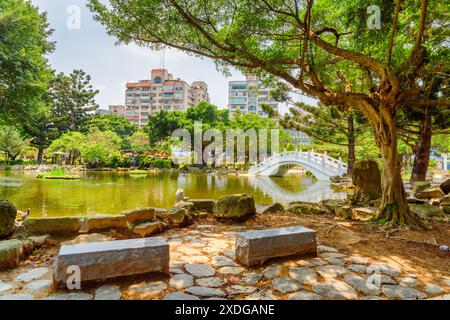 Incredibile giardino verde e panoramico ponte bianco sul lago a Taipei, Taiwan. Il ponte si riflette nell'acqua. Foto Stock