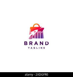 Logo Rocket Icon Lines Inside Shopping Bags. Immagine del logo Rocket Rotating around Shopping Bag. Illustrazione Vettoriale
