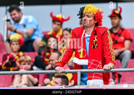 Colonia, Germania. 22 giugno 2024. Tifoso del Belgio prima di una partita di calcio tra le squadre nazionali del Belgio, chiamata Red Devils e Romania nella seconda partita del gruppo e nella fase a gironi del torneo UEFA Euro 2024, sabato 22 giugno 2024 a Colonia, in Germania. Crediti: Sportpix/Alamy Live News Foto Stock