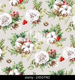 Dolce motivo natalizio senza cuciture. Illustrazione ad acquerello disegnata a mano, Foto Stock