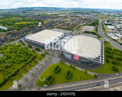 Veduta aerea della Commonwealth Arena e del Sir Chris Hoy Velodrome o Emirates Arena Glasgow, Scozia, Regno Unito Foto Stock