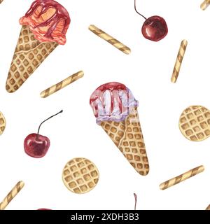 Coni di gelato, waffle e ciliegie con motivo ad acquerello senza cuciture. Scottante clipart dipinto a mano per tessuti, carta da parati, imballaggi. Tessuto dolce a tema dessert per decorazioni estive e scrapbooking Foto Stock