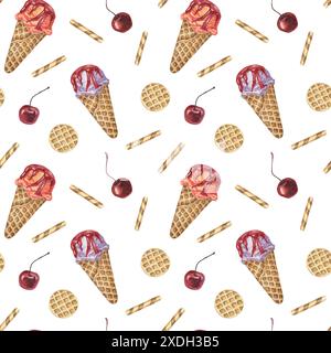 Coni di gelato, waffle e ciliegie con motivo ad acquerello senza cuciture. Scottante clipart dipinto a mano per tessuti, carta da parati, imballaggi. Tessuto dolce a tema dessert per decorazioni estive e scrapbooking Foto Stock