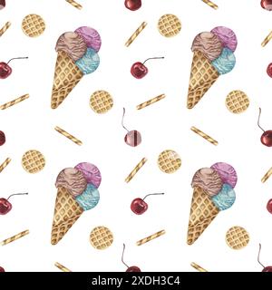 Coni di gelato, waffle e ciliegie con motivo ad acquerello senza cuciture. Scottante clipart dipinto a mano per tessuti, carta da parati, imballaggi. Tessuto dolce a tema dessert per decorazioni estive e scrapbooking Foto Stock