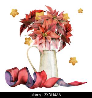 Fiori di punta rossa, foglie, baubles con stella d'oro, nastro rosso. Illustrazione ad acquerello disegnata a mano, bouquet di vaso isolato su bianco. Natale, felice nuovo Foto Stock