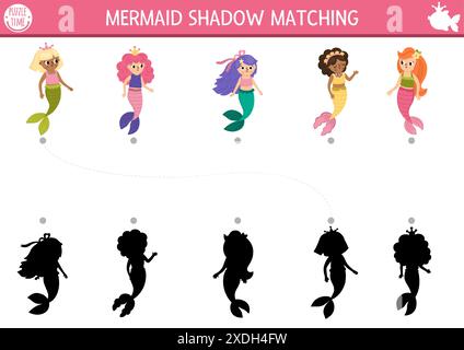 Attività di corrispondenza delle ombre della sirena con le principesse marine. Puzzle da favola Ocean kingdom con ragazze carine con code. Individuare il wor stampabile della silhouette corretto Illustrazione Vettoriale