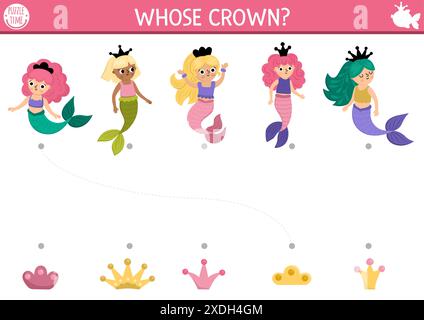 Attività di corrispondenza delle ombre della sirena con le principesse marine. Puzzle da favola Ocean kingdom con una ragazza carina. Trova il foglio di lavoro stampabile della silhouette corretto, gioco Illustrazione Vettoriale