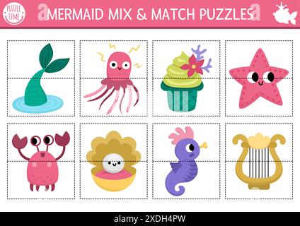 Sirena vettoriale mescola e abbina puzzle con simpatici animali marini. Attività da favola Ocean kingdom per bambini in età prescolare. Stampa didattica marina Illustrazione Vettoriale