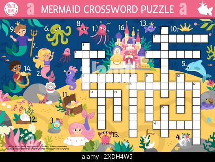 Puzzle a parole incrociate per sirena vettoriale per bambini. Quiz marino con paesaggio subacqueo per bambini. Attività educativa del regno delle fiabe oceaniche con merman Illustrazione Vettoriale
