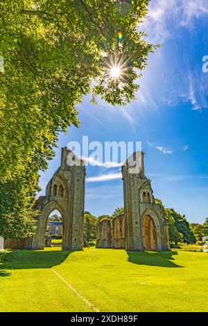 Le rovine dell'abbazia di Glastonbury risalgono all'VIII secolo e sono ora un monumento antico programmato, Somerset, Inghilterra, Regno Unito Foto Stock