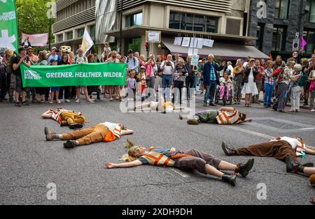 Londra / Regno Unito - 22 giugno 2024: I ballerini attivisti morris mettono in scena un die-in al Restore Nature Now march for Environmental Protection. 350 gruppi tra cui RSPB, WWF, National Trust, Extinction Rebellion e altri si unirono per la marcia. Foto Stock