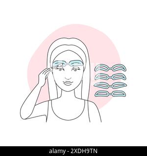 Esercitazione sulla forma perfetta delle sopracciglia con un modello femminile che disegna un'icona vettoriale della linea delle sopracciglia Illustrazione Vettoriale