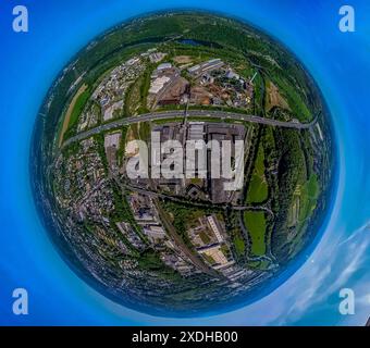 Vista aerea, zona industriale Bathey con centro stampa Funke NRW WAZ e centro editoriale, Kabel Premium Pulp & Paper Mill sulla A1 Freewa Foto Stock