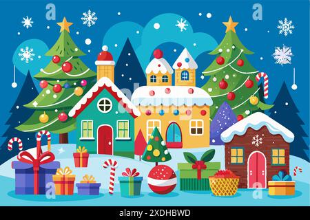 Illustrazione del villaggio di Natale con alberi decorati e regali. Scenario delle vacanze innevate, concetto di festa invernale. Design di stampa. Illustrazione vettoriale. Illustrazione Vettoriale