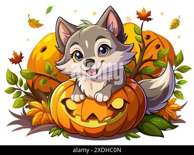 Simpatico cucciolo di lupo in un ambiente a tema Halloween con zucche intagliate e foglie autunnali. Concetto di arte animale festiva, illustrazione stagionale e vacanza Illustrazione Vettoriale