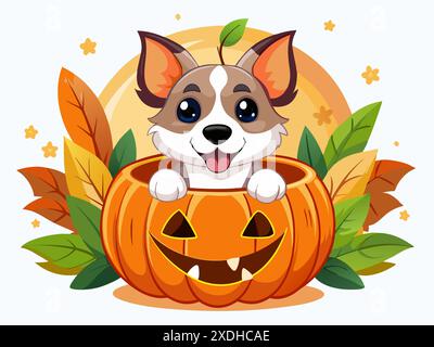 Simpatico cane da cartoni animati in una zucca intagliata circondata da foglie e zucche autunnali. Concetto di autunno, Halloween, animaletto giocoso, illustrazione canina festosa, l Illustrazione Vettoriale