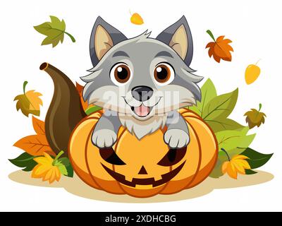 Simpatico cucciolo di lupo in un ambiente a tema Halloween con zucche intagliate e foglie autunnali. Concetto di arte animale festiva, illustrazione stagionale e vacanza Illustrazione Vettoriale