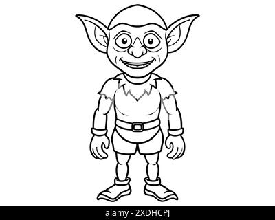 Illustrazione del contorno nero Goblin isolata su sfondo bianco. Concetto di creatura fantasy, troll, Halloween, personaggio mitico, mostro carino, rif Illustrazione Vettoriale