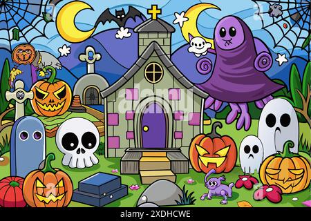 Scena di Halloween in stile cartoni animati con casa infestata, zucche, fantasmi, scheletro e altri elementi spettrali. Festa di Halloween al cimitero. Concetto di Illustrazione Vettoriale