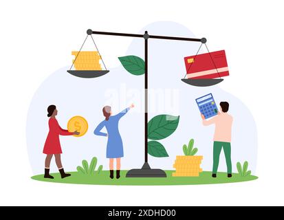 Confronto tra l'utilizzo di conti bancari e transazioni finanziarie in contanti. Le persone più piccole pesano su scala la carta di credito e la pila di monete d'oro, calcolano i vantaggi sull'illustrazione vettoriale dei cartoni animati della calcolatrice Illustrazione Vettoriale