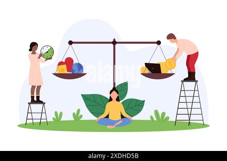 Confronto tra lavoro e vita privata. Le persone di piccole dimensioni pesano sul cuore con lo stile di vita libero e il successo della carriera professionale in ufficio su bilance, la scelta di relazioni rispetto al denaro illustrazioni vettoriali dei cartoni animati Illustrazione Vettoriale