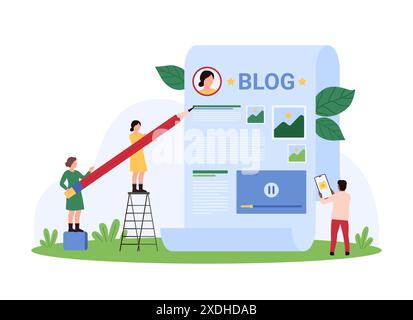 Autori di blog che scrivono articoli, narrazione e miglioramento, promozione del marketing digitale per il pubblico. Piccole persone che tengono una matita per modificare il testo, scrivere creativi contenuti digitali illustrazioni vettoriali dei cartoni animati Illustrazione Vettoriale