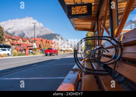 Banff High School Transit Hub. Fermata dell'autobus su Banff Avenue. Alberta, Canada. Foto Stock