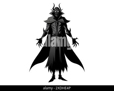 Silhouette nera di un minaccioso vampiro isolato su uno sfondo bianco. Concetto di horror, cattivo gotico, dark fantasy, stile minimalista. Stampa, Desig Illustrazione Vettoriale