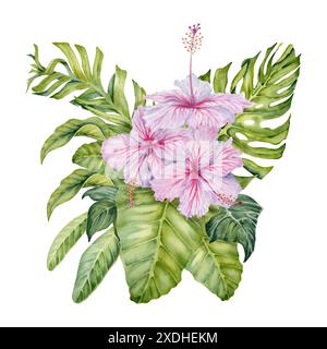 Fiori di ibisco con composizione di foglie verdi tropicali. Acquerello isolato su sfondo bianco. Illustrazione botanica naturale con monstera, banana Foto Stock