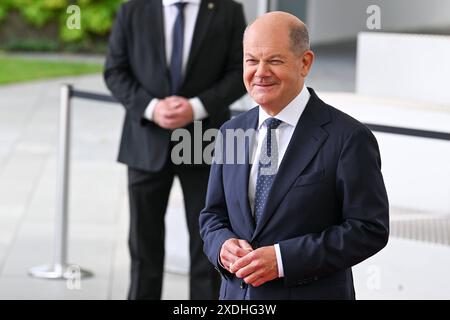 Berlino, Germania 23. Giu 2024: Begrüßung des Präsidenten der Republik Argentinien - 23.06.2024 Im Bild: Bundeskanzler Olaf Scholz SPD *** Berlino, Germania 23 giugno 2024 porgere il benvenuto al Presidente della Repubblica Argentina 23 06 2024 nella foto Cancelliere federale Olaf Scholz SPD Copyright: XFotostandx/xReuhlx Foto Stock