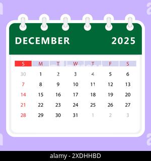 Calendario dicembre 2025. Inizio domenica. Progettazione vettoriale Illustrazione Vettoriale