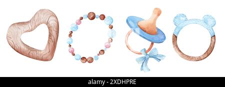 Collezione acquerelli di giocattoli in legno per neonati. Succhietti e chewer per bambini isolati su sfondo bianco Foto Stock