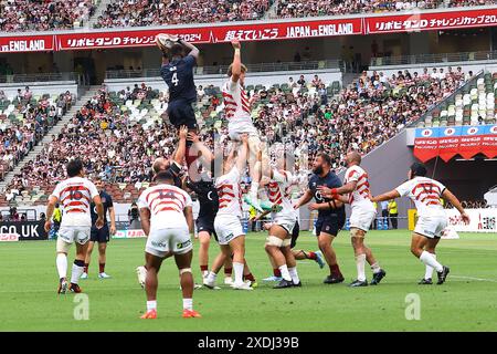 Tokyo, Giappone. 22 giugno 2024. JAPAN RUGBY: Una partita amichevole di rugby tra la nazionale giapponese e la nazionale inglese si è tenuta allo Stadio Nazionale di Tokyo. La seconda metà della partita. L'Inghilterra ha vinto la partita, 3-26 nel primo tempo, 17-52. Tokyo, Giappone, il 23 giugno 2024. (Foto di Kazuki Oishi/Sipa USA) credito: SIPA USA/Alamy Live News Foto Stock