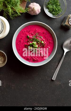 Zuppa di crema di barbabietole con yogurt, cetrioli e aneto nel recipiente su sfondo scuro con spazio libero per il testo. Zuppa fredda estiva. Vista dall'alto, disposizione piatta Foto Stock