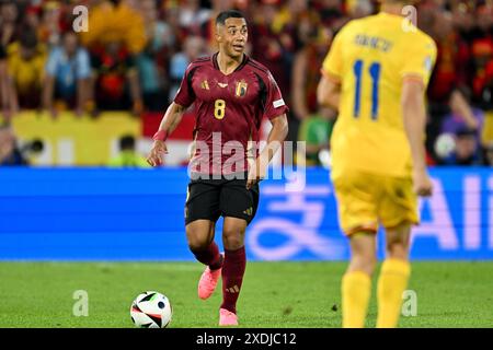 Youri Tielemans (8) del Belgio nella foto di una partita di calcio tra le squadre nazionali del Belgio, chiamata Red Devils e Romania nella seconda partita del gruppo e nella fase a gironi del torneo UEFA Euro 2024 , sabato 22 giugno 2024 a Colonia , Germania . FOTO SPORTPIX | David Catry Foto Stock