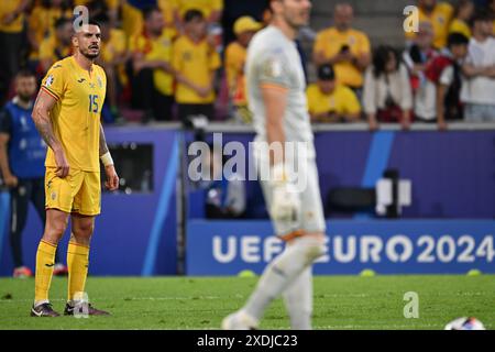 Andrei Burca (15) di Romania nella foto di una partita di calcio tra le squadre nazionali del Belgio, chiamata Red Devils e Romania nella seconda partita del gruppo e nella fase a gironi del torneo UEFA Euro 2024 , sabato 22 giugno 2024 a Colonia , Germania . FOTO SPORTPIX | David Catry Foto Stock