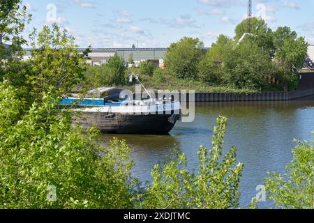 La chiatta, nave da carico Medem nello Zweigkanal nel porto di Magdeburgo in Germania Foto Stock
